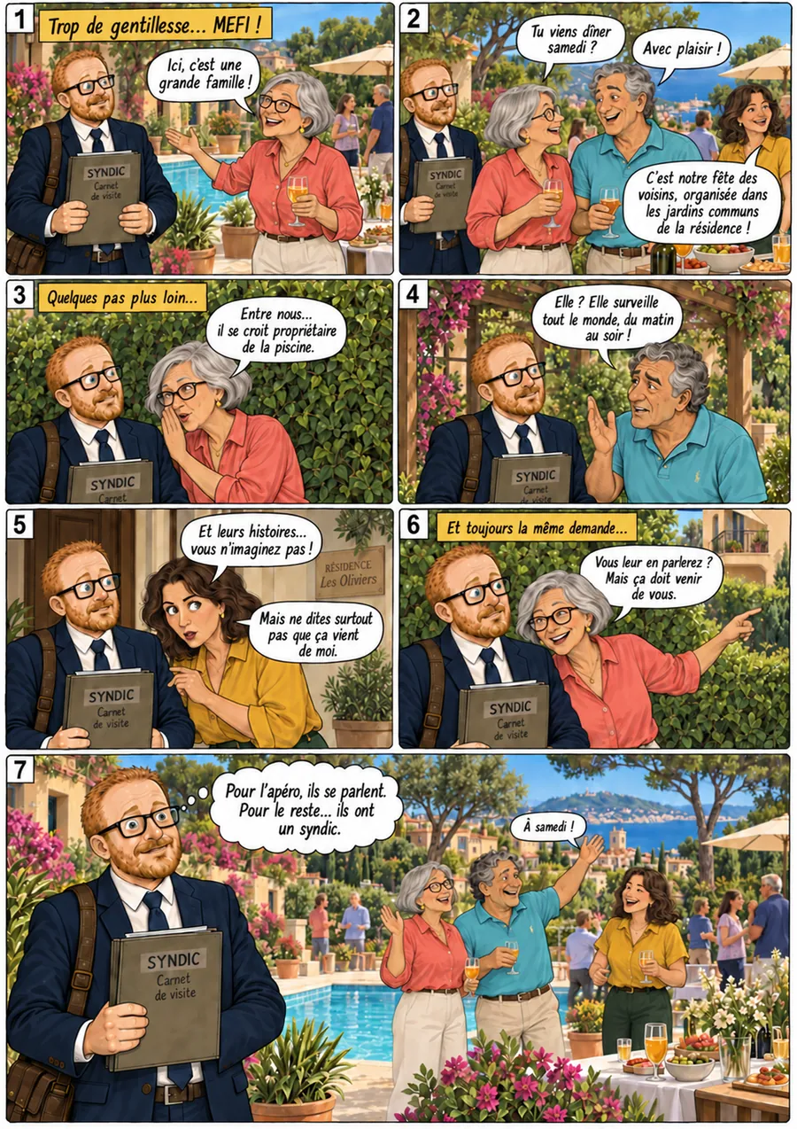 Planche de BD « Trop de gentillesse… MEFI ! » en sept cases