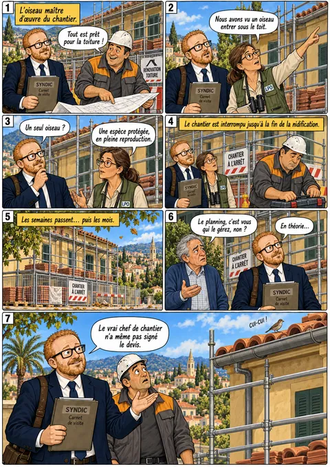 Planche « L’oiseau maître d’œuvre du chantier »