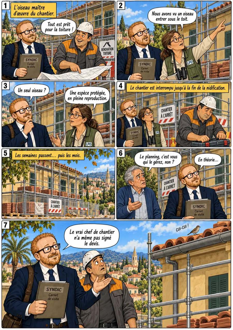 Planche de BD « L’oiseau maître d’œuvre du chantier » en sept cases