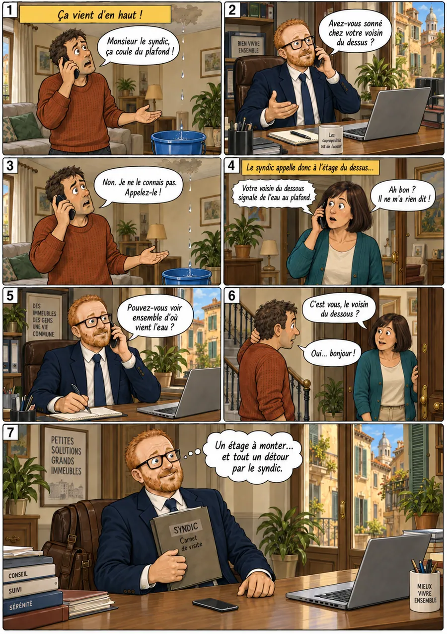 Planche de BD « Ça vient d’en haut ! » en sept cases