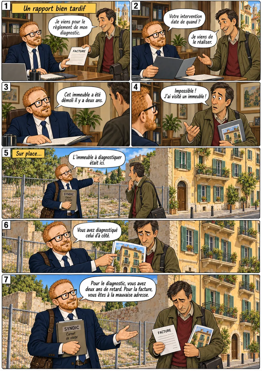 Planche de BD « Un rapport bien tardif » en sept cases