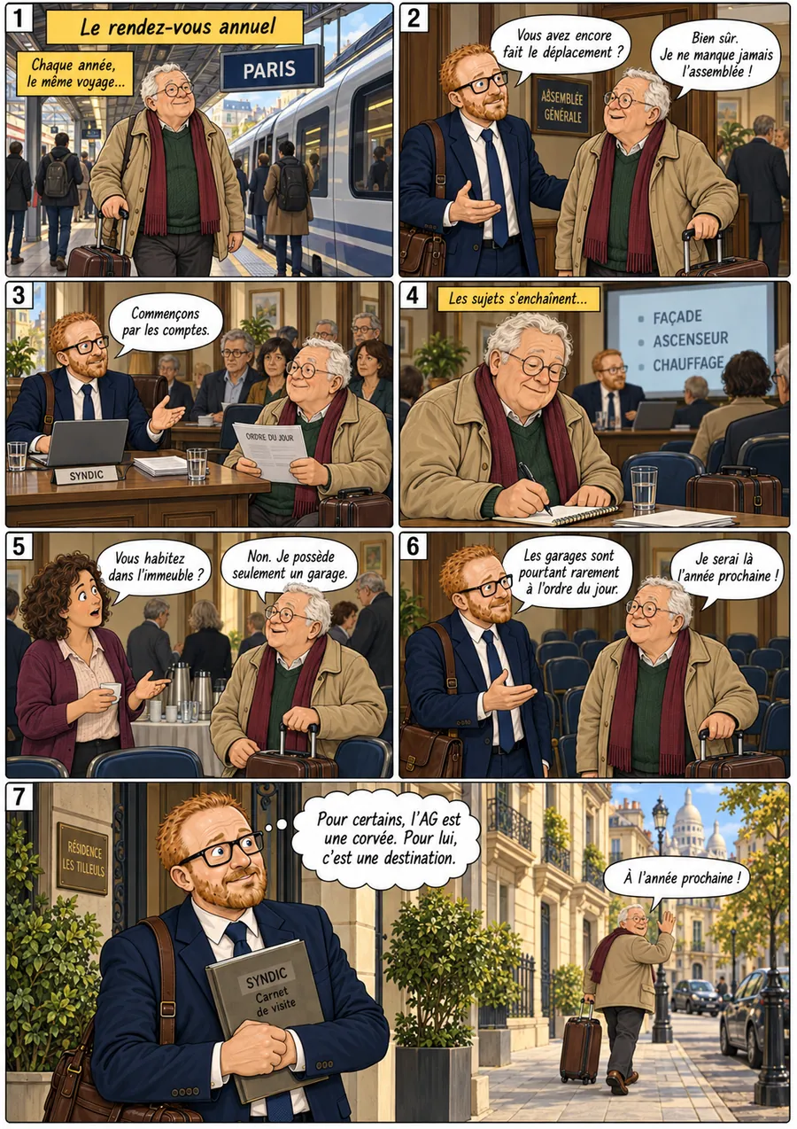 Planche de BD « Le rendez-vous annuel » en sept cases
