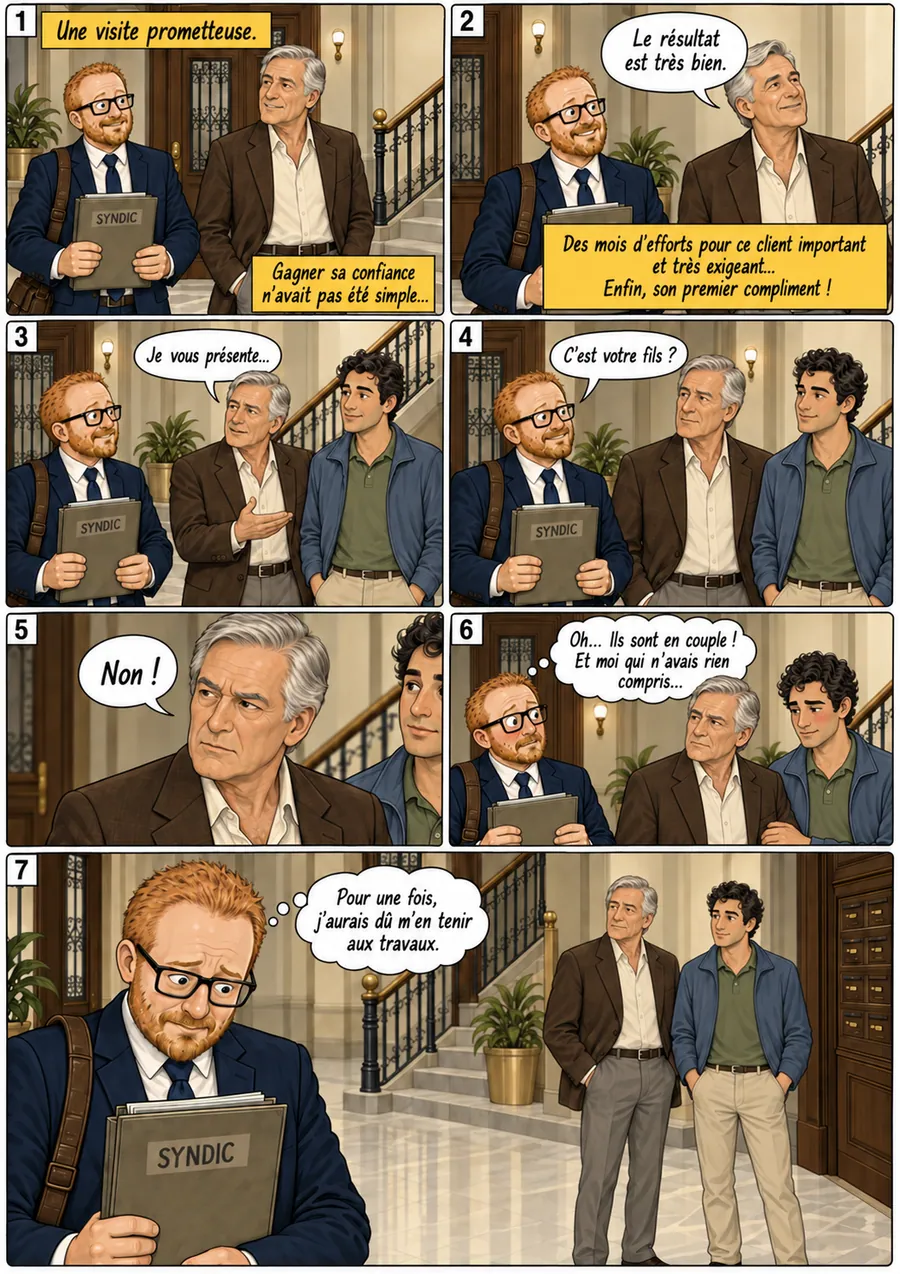 Planche de BD « Une visite prometteuse » en sept cases