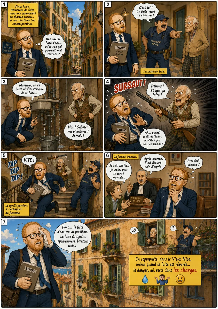 Planche de BD « La fuite ou la vie ! » en sept cases