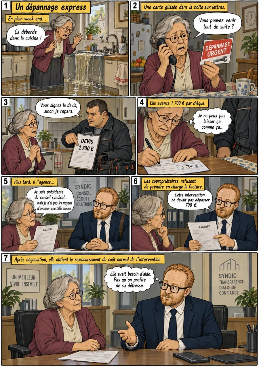Planche de BD « Un dépannage express » en sept cases