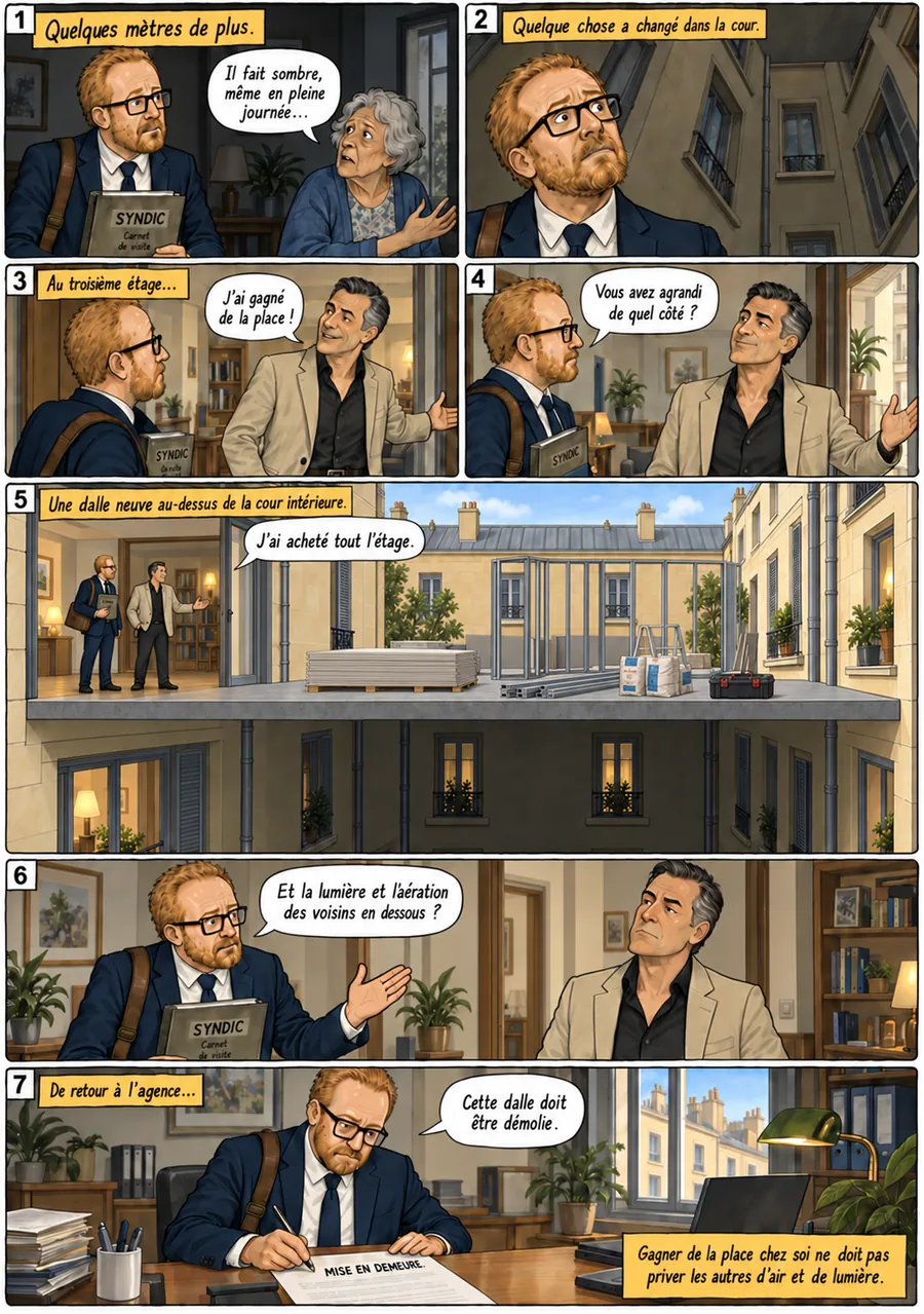 Planche de BD « Quelques mètres de plus » en sept cases