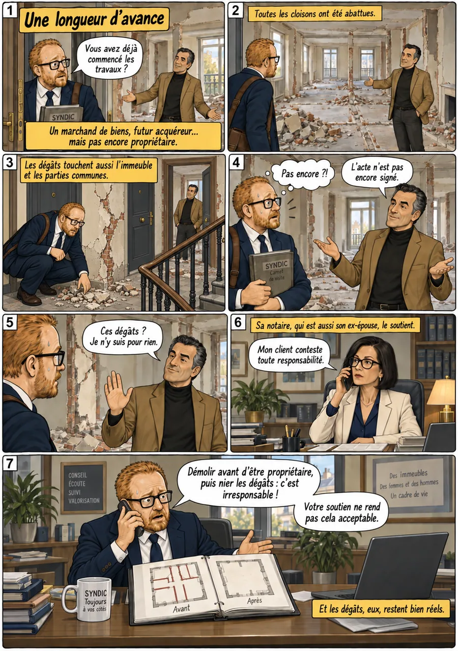 Planche de BD « Une longueur d’avance » en sept cases