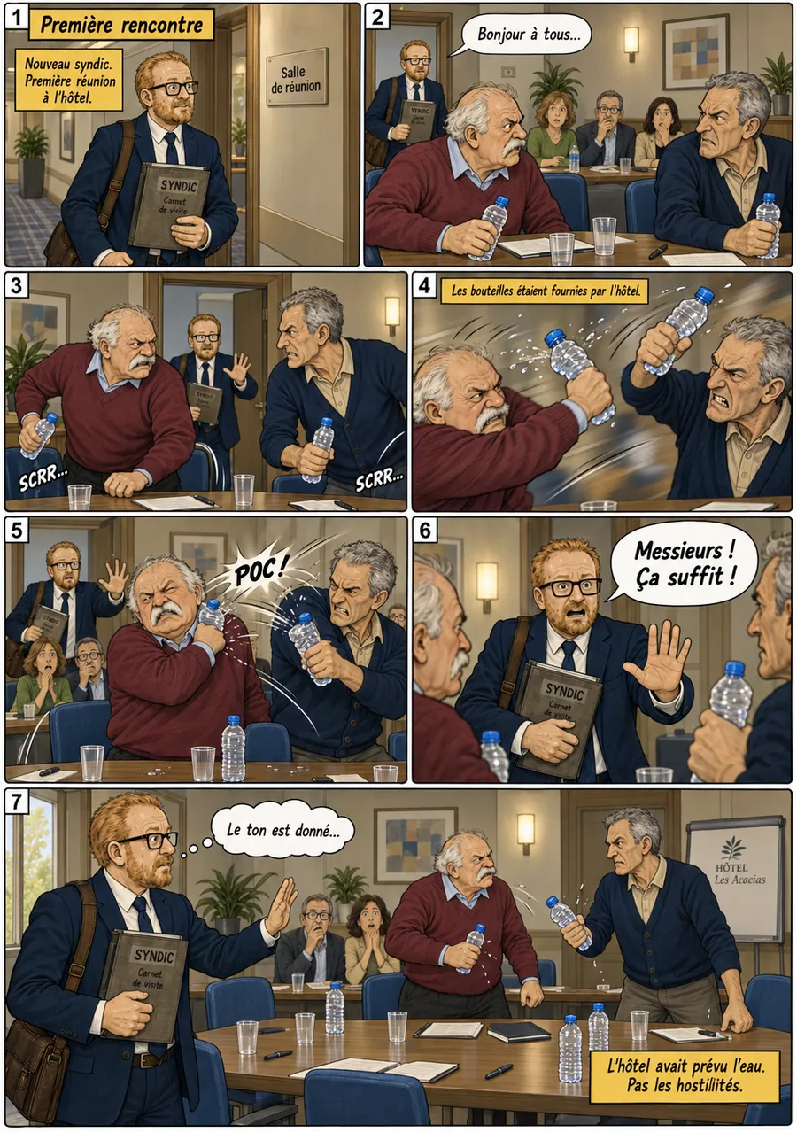Planche de BD « Première rencontre » en sept cases