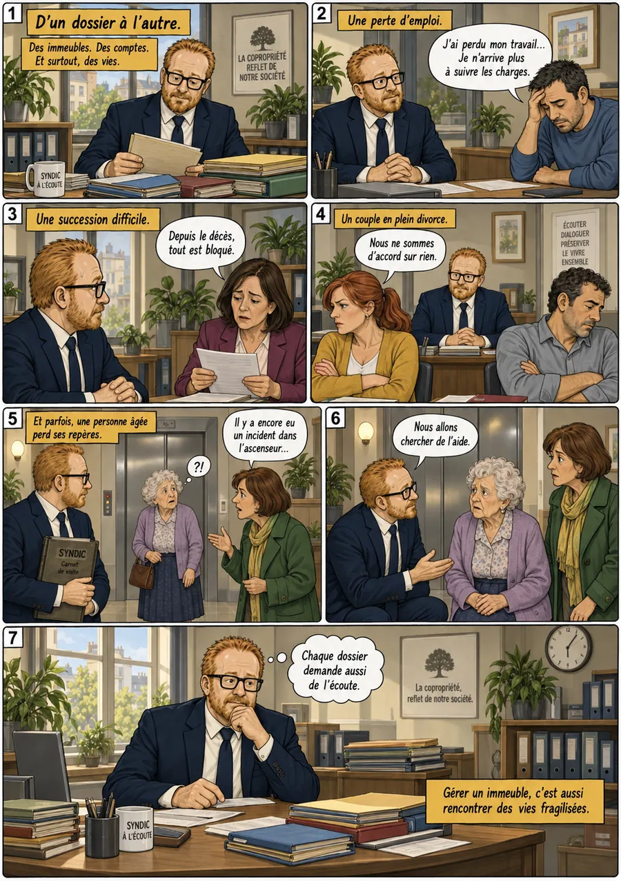 Planche de BD « D’un dossier à l’autre » en sept cases