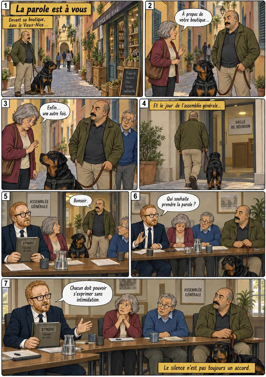 Planche de BD « La parole est à vous » en sept cases