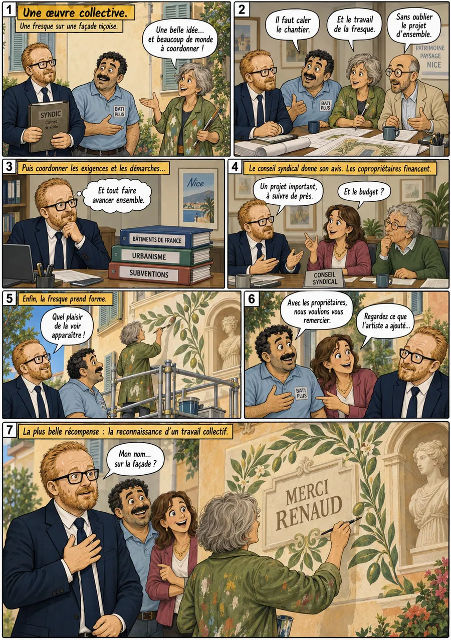 Planche de BD « Une œuvre collective » en sept cases