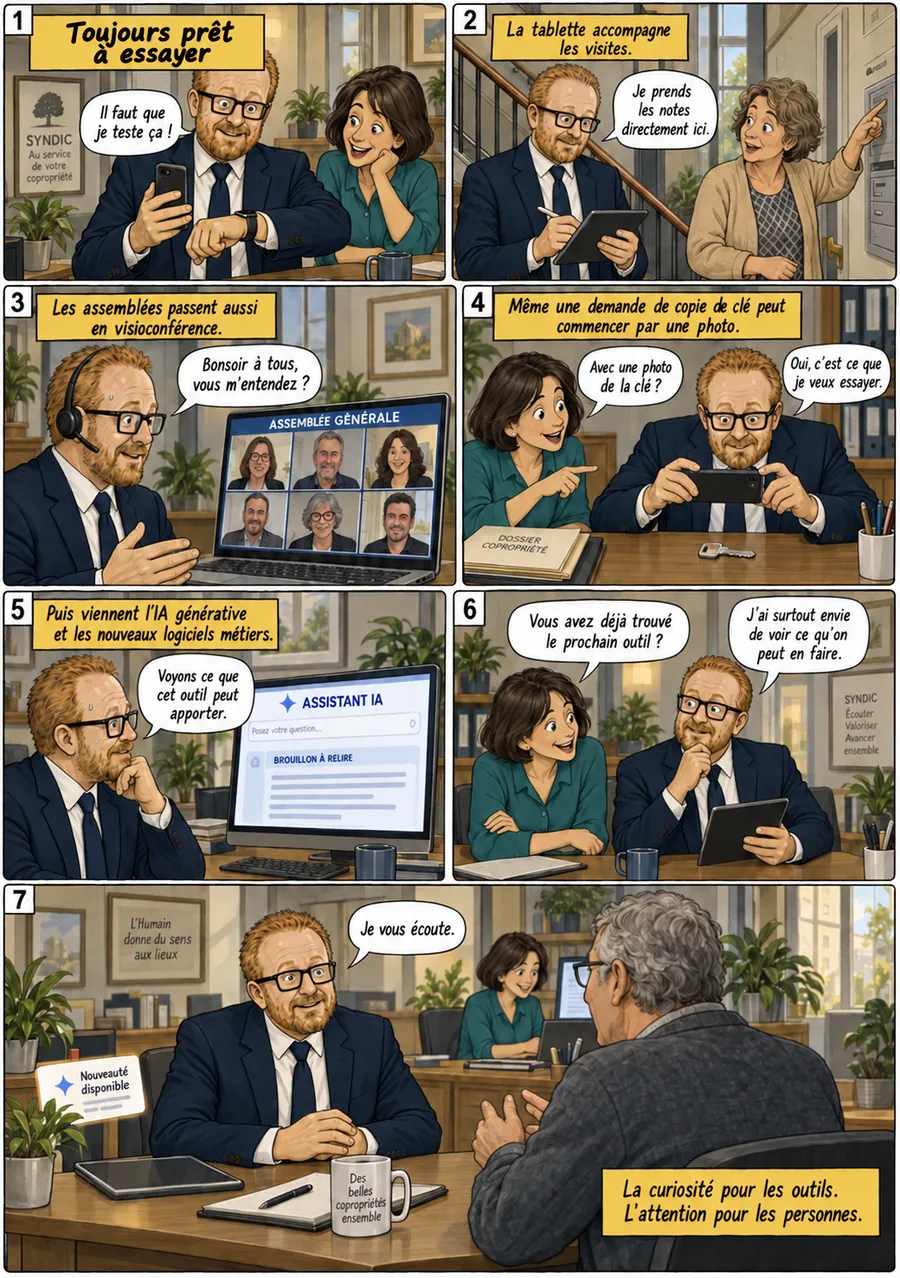 Planche de BD « Toujours prêt à essayer » en sept cases