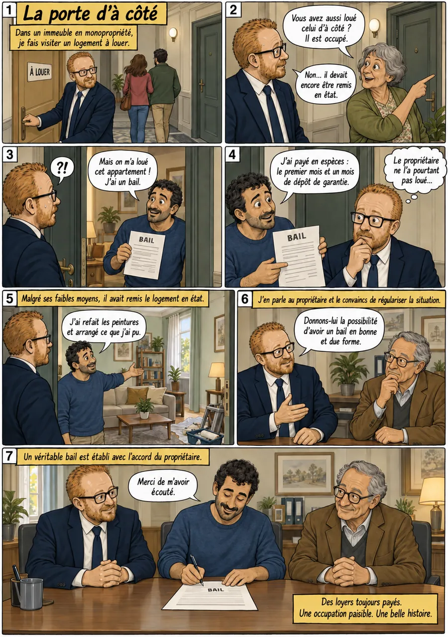 Planche de BD « La porte d’à côté » en sept cases