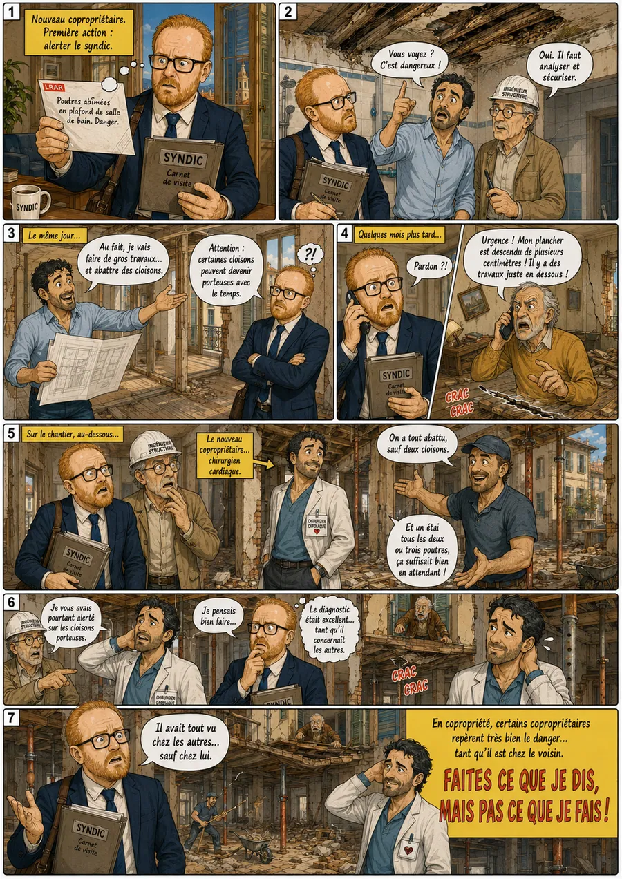 Planche de BD « Faites ce que je dis, pas ce que je fais » en sept cases