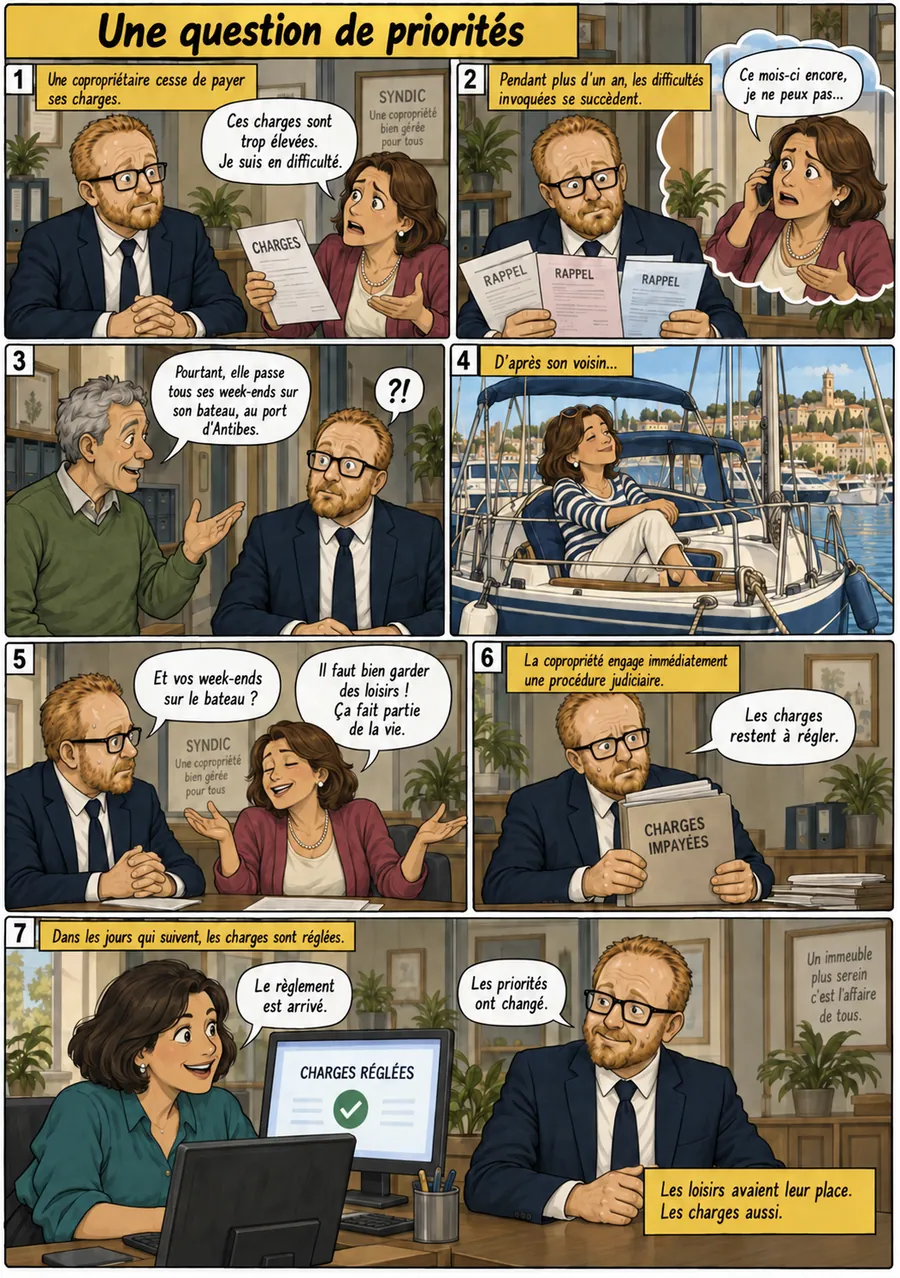 Planche de BD « Une question de priorités » en sept cases