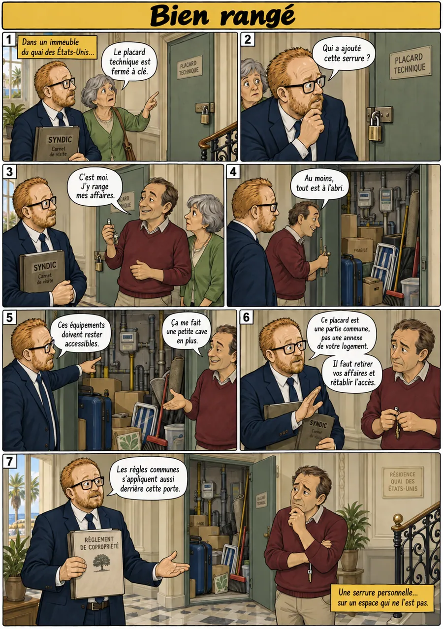 Planche de BD « Bien rangé » en sept cases