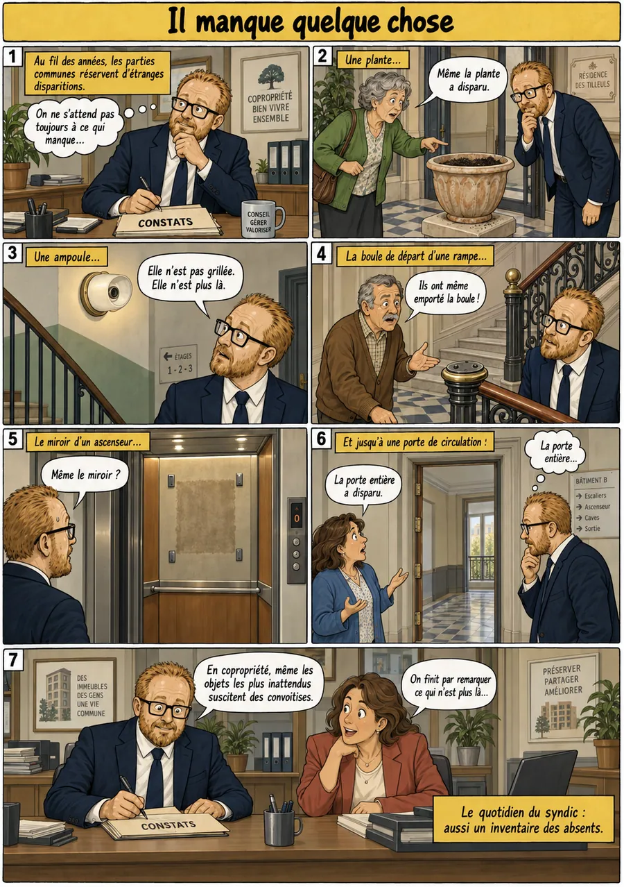 Planche de BD « Il manque quelque chose » en sept cases