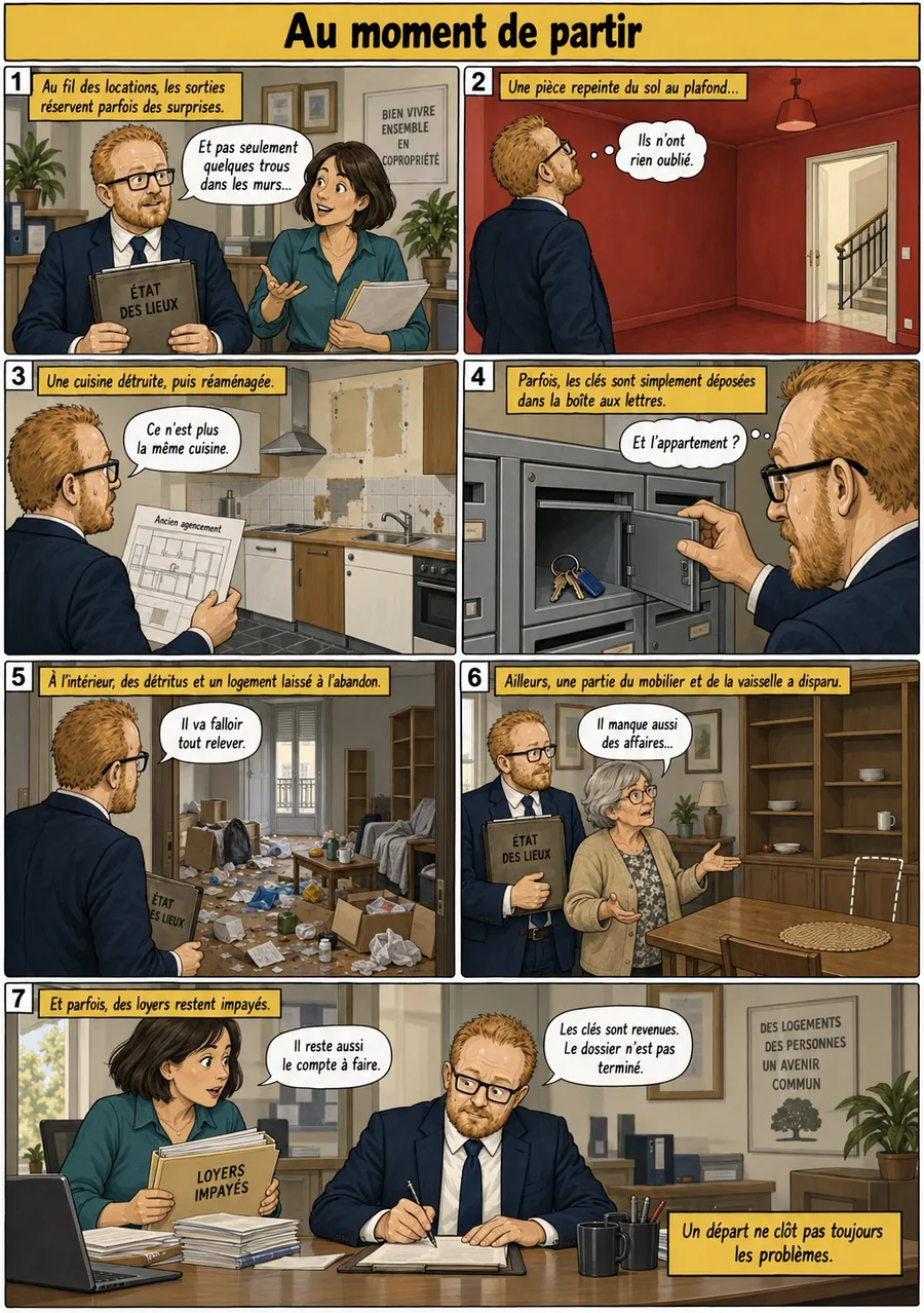 Planche de BD « Au moment de partir » en sept cases