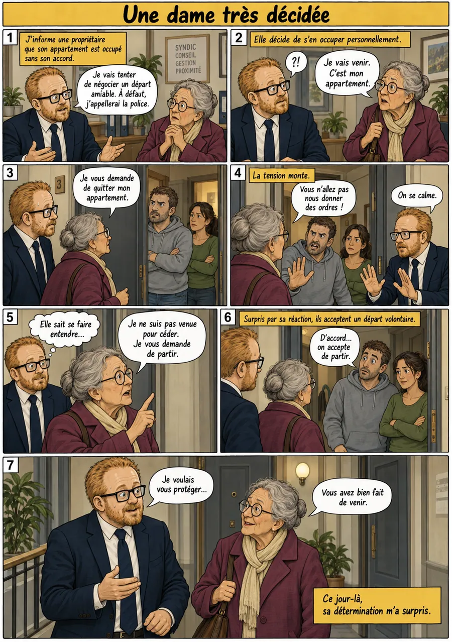 Planche de BD « Une dame très décidée » en sept cases