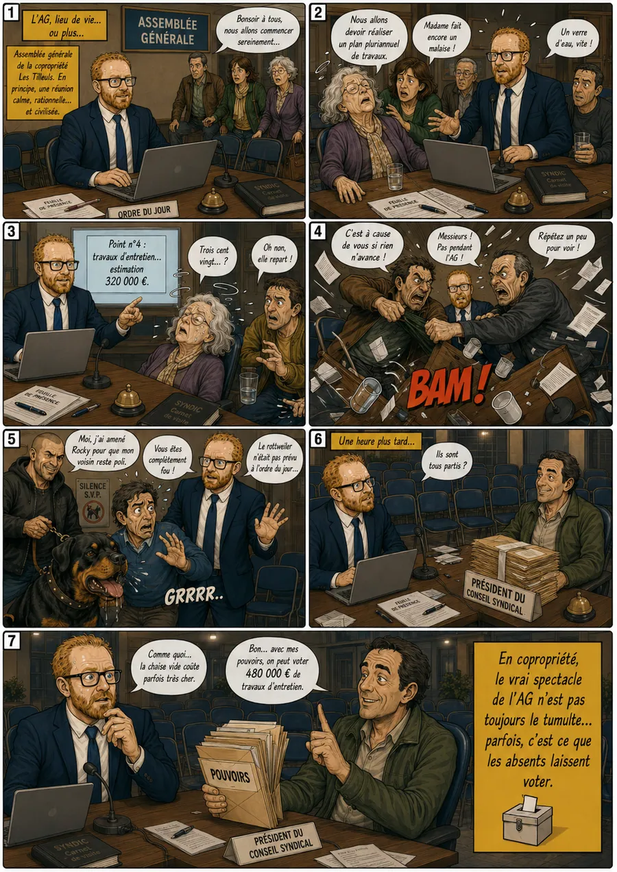 Planche de BD « L’AG dans tous ses états » en sept cases
