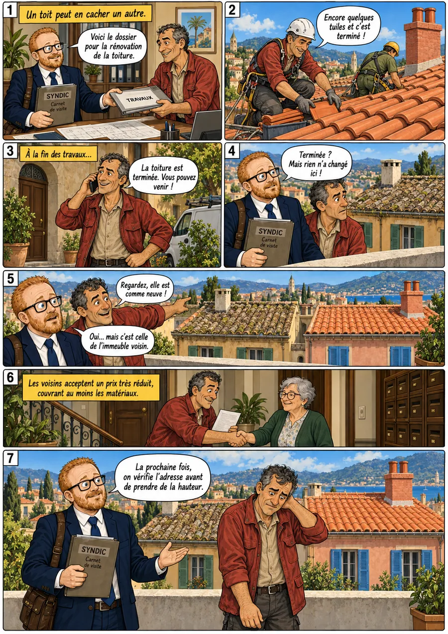Planche de BD « Un toit peut en cacher un autre » en sept cases