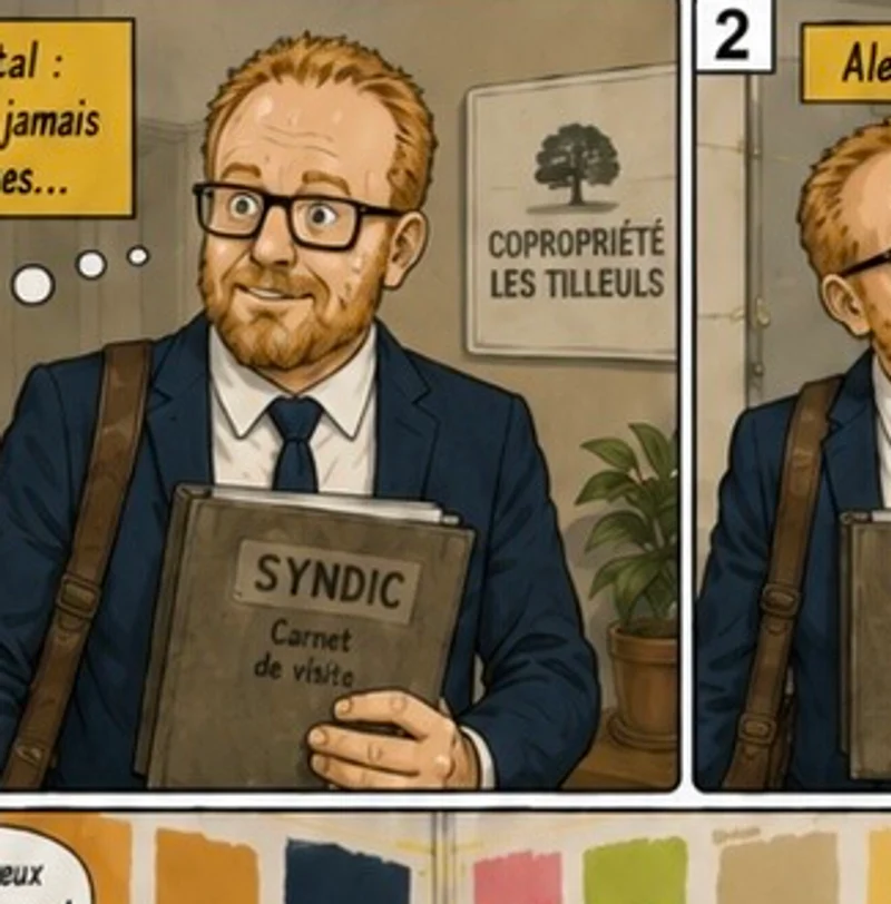 Renaud, le syndic roux à lunettes de la BD, carnet de visite contre le buste